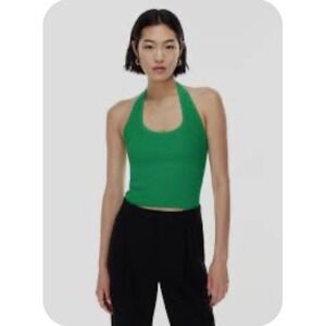 A9 Sun-deh Green Ribbed Halter Crop Top V-Neck Sleeveless Minimalist Size Medium